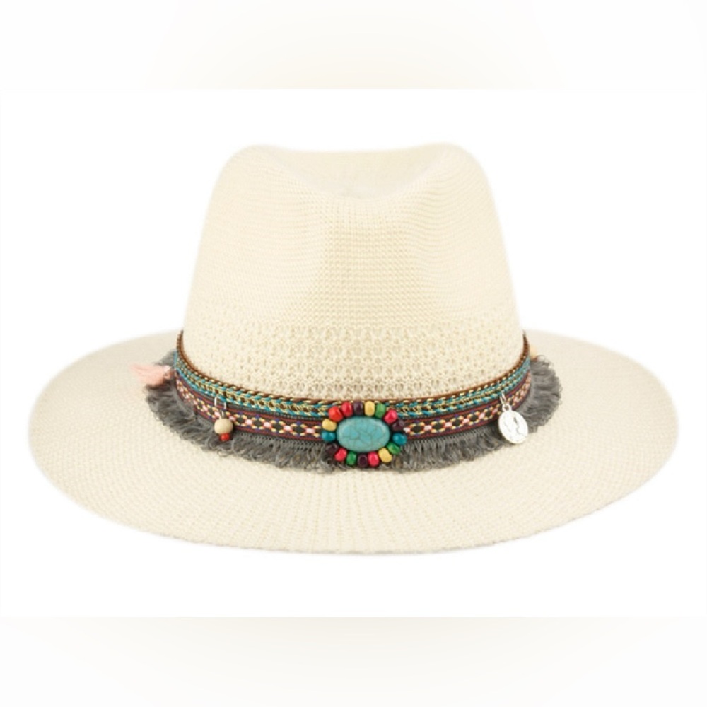 Boho Chic Cream Hat with Colorful Beaded Band
